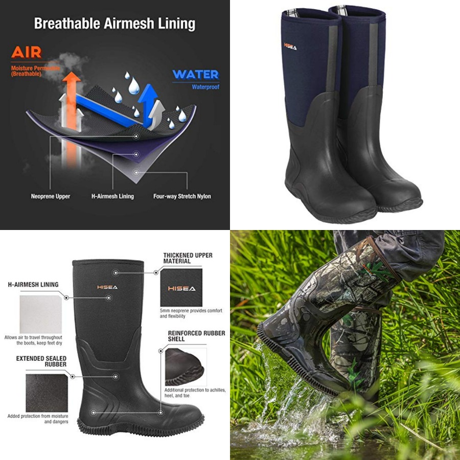 Fishing Boots - HISEA メンズレインブーツ、防水耐久性のある断熱ラバーブーツ、5mmネオプレン製アウトドア泥釣りハンティングブーツ