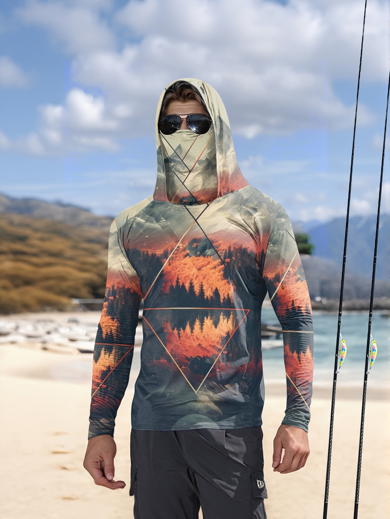 アウトドアメンズフィッシングフーディー、内蔵フェイスマスク、 - Fishing Mask Sun Protection のレビューと価格